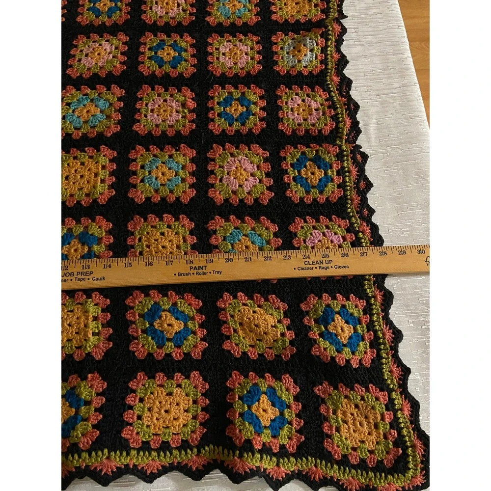 Vintage Handmade Crochet Granny Blanket Black Multi Color Retro Throw 28x36